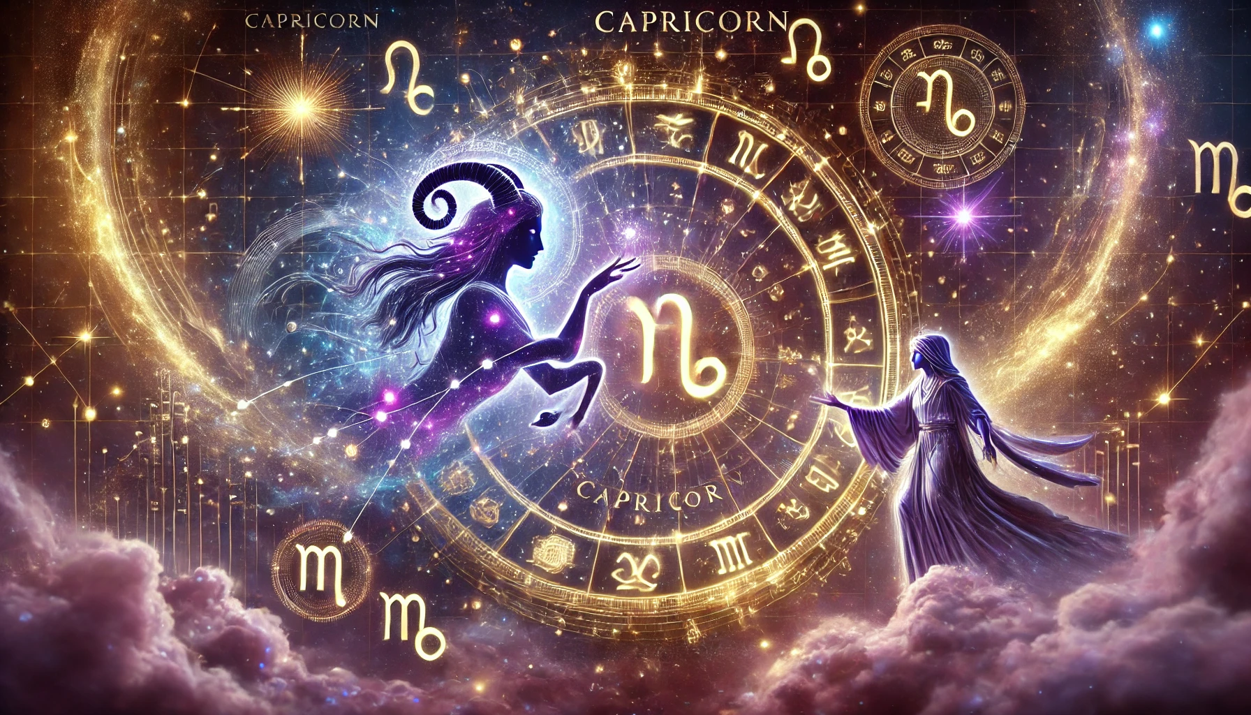 A cosmic and mystical digital artwork featuring Capricorn as the central zodiac sign, illuminated by glowing constellations, swirling galaxies, and a futuristic holographic astrological chart. The Capricorn symbol is prominently displayed, representing ambition, discipline, and perseverance. The background blends deep purples, blues, and cosmic gold, enhancing the celestial and astrological theme. This Capricorn-themed horoscope image reflects the sign's strong work ethic, determination, and connection to long-term success, aligning with its astrological influences.
